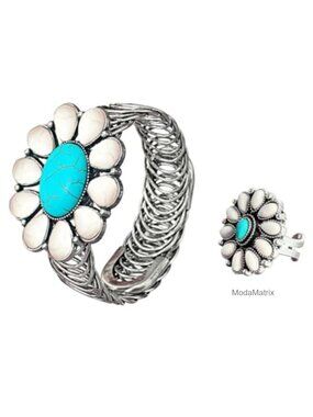 Turquoise Stretch Bracelet and Ring Set Cowgirl Boho Jewelry